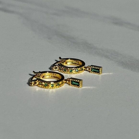New! “Gisele” Dainty Emerald Drop Hoop Earrings - Picture 4 of 4
